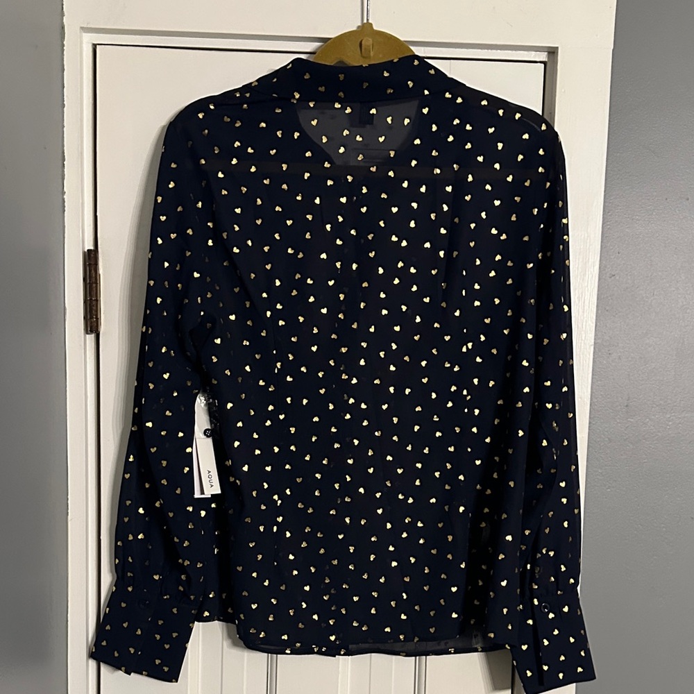 Aqua Navy Button Down Sheet Long-sleeve Shirt with Gold Foil Heart Print - Picture 8 of 11